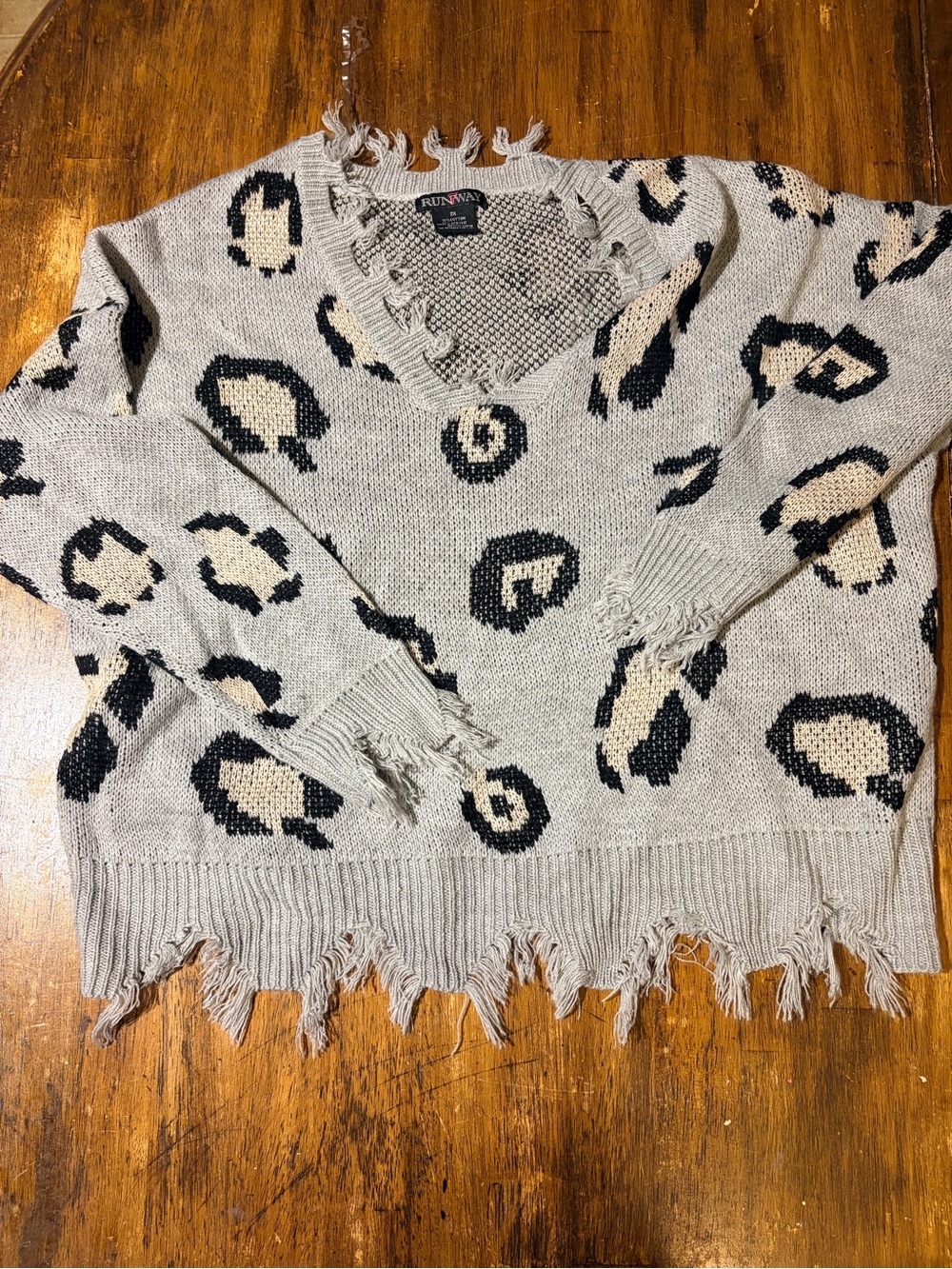 Runway Distressed Leopard V-Neck Sweater - Light Gray, Black, Cream